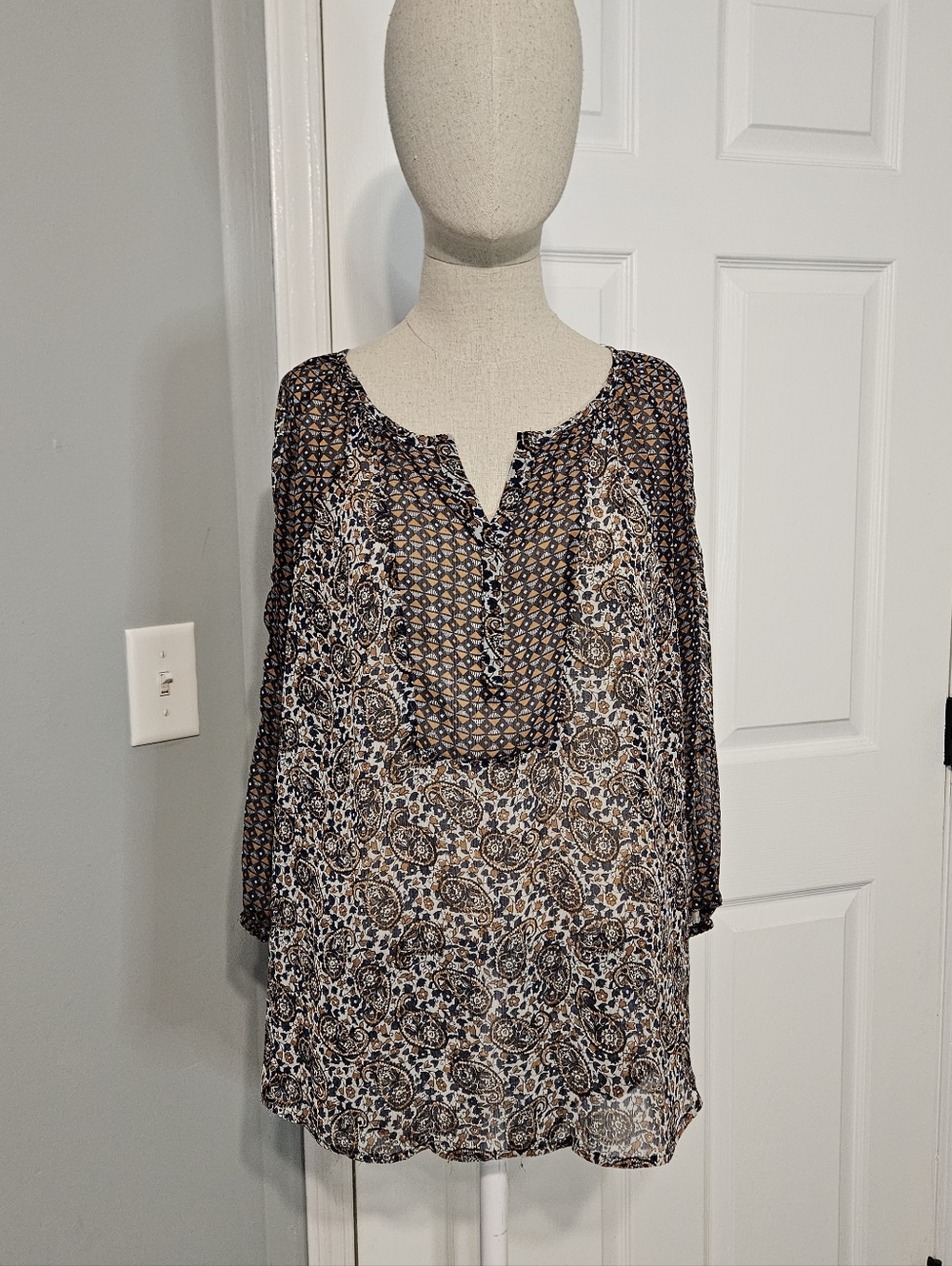 Boho Paisley Peasant Blouse in Navy and Brown